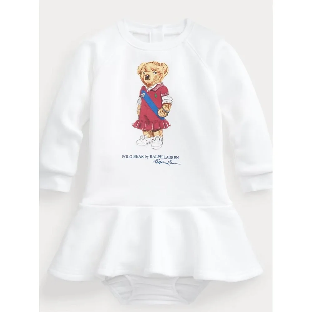 Ralph Lauren Rugby Polo Bear Fleece Dress 6 Months White Ruffle Long Sleeve